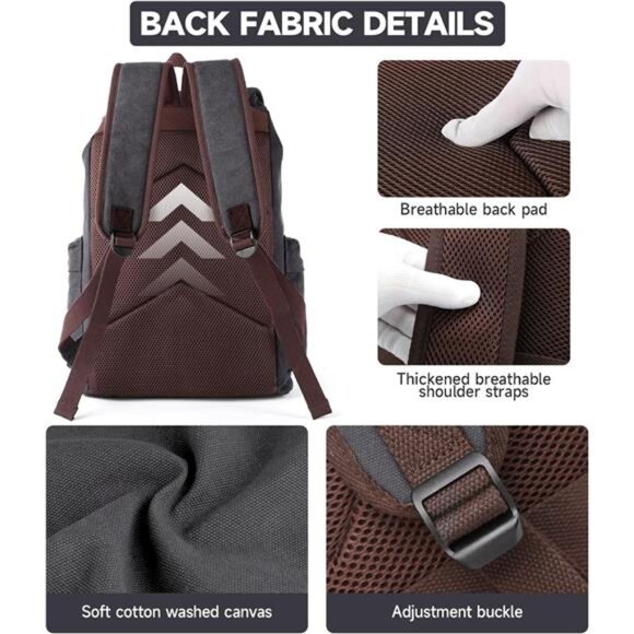 Canvas Backpack, Travel Backpacks Grey - Picture 4 of 7